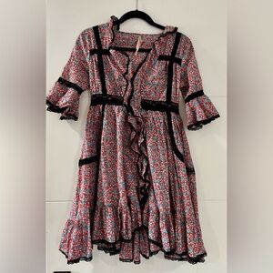 Free People Floral Mini Dress, Red & Blue Size 4 Dress, BLACK Piping, Ruffle